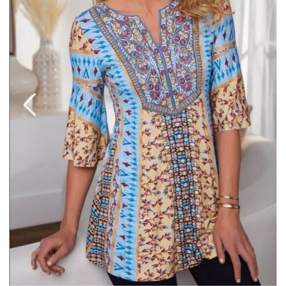 Soft Surrounding Fifi Embroidered Floral Tunic Top Colorful Bell Sleeve size L - Picture 9 of 9